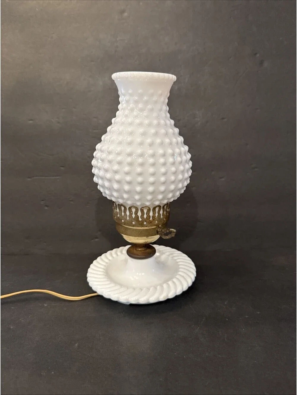 Vintage Milk Glass Hobnail  Electric Bedside Lamp With Hurricane Shade 11” Tall